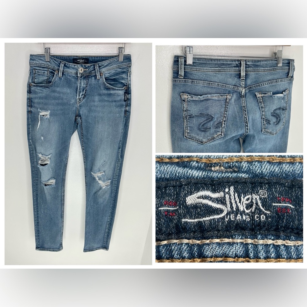 Silver Sam Skinny Jeans Size 29x29 (Tag 28x29) Denim Distressed Light Wash